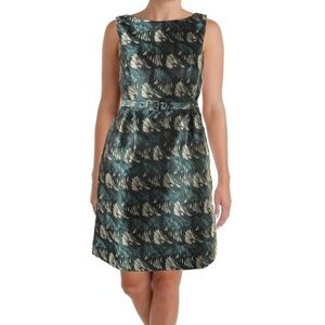 Anne Klein Satin Green Blue Cream A Line With Belt Sleeveless Dress Size 4